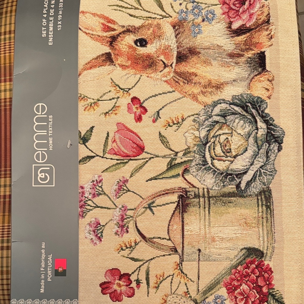 Emma Home Textiles Bunny & Floral Tapestry Placemat 4 Set - Beige, Portugal